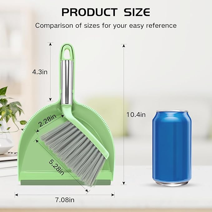 NACENA Mini Broom and Dustpan Set, Small Dust Pan and Brush Set with Handle Dustpan Teeth for Cleaning Hair Suitable for Office Desks Drawers Sofas Outdoor Camping, Light & Green