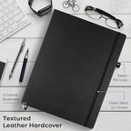 College Ruled Notebook, A4 Hardcover Leather Notebook for Work, Lined Notebook Journal for Women, Men, 192 Thick Paper, Lay Flat, Large Notebook with 2 Pockets, Professional Business Notebook, Black