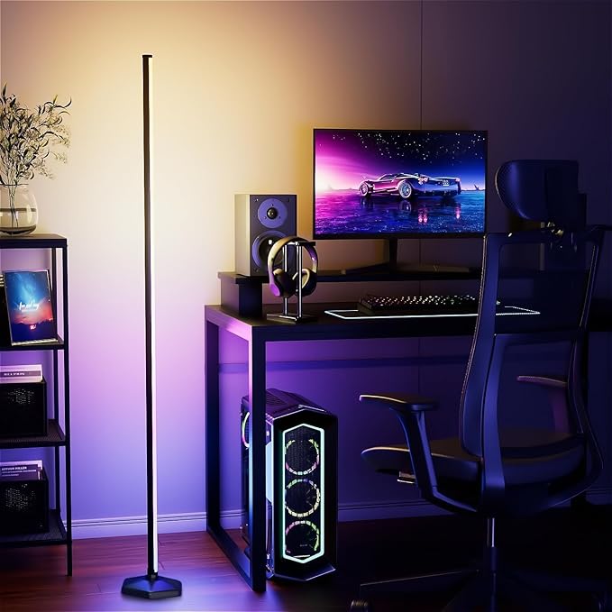 YIKBIK RGB Corner Floor Lamp, 65" Color Changing LED Floor Lamp Bluetooth APP Remote Control Music Sync Modern Standing Lamp 16 Million DIY Colors with Heavy Base for Living Room Bedroom GameRoom