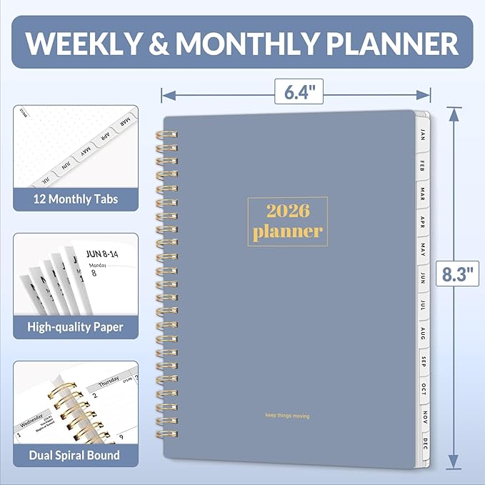 SUNEE 2026 Planner, Weekly and Monthly Calendar Planner, January 2026-December 2026, Daily Agenda with Tabs, Note Pages, Spiral Binding, 6.4"x8.3", Gray Blue