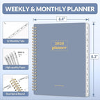 SUNEE 2026 Planner, Weekly and Monthly Calendar Planner, January 2026-December 2026, Daily Agenda with Tabs, Note Pages, Spiral Binding, 6.4"x8.3", Gray Blue