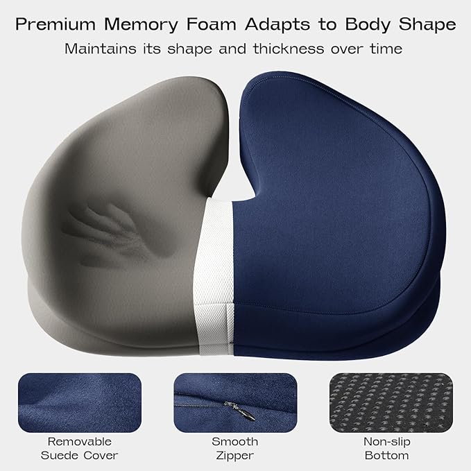 ZZ-WELL Seat Cushions for Office Chairs - Ergonomic Tailbone Pain Pressure Relief Seat Cushion - Extra Large & Thick Design Memory Foam Office Chair Cushion, 21.2" W X 16.5" L (Blue)
