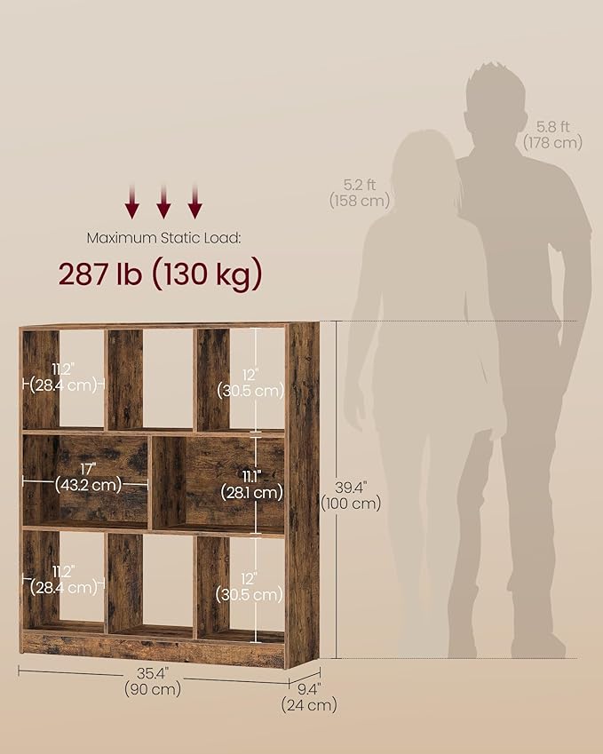 VASAGLE Custos Collection - Bookshelf, 3-Tier Bookcase, Book Shelf, Open Storage Shelf, 9.4 x 35.4 x 39.4 Inches, for Living Room, Home Office, Dining Room, Rustic Brown ULBC455K01