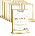 Smarpau Gold Acrylic Sign Holder 5x7, Double-Sided Display Stand, Clear Picture Frames/Flyer Holder/Menu Holder/Table Number for Wedding, Home, Offices(16Pcs)