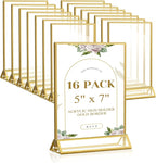 Smarpau Gold Acrylic Sign Holder 5x7, Double-Sided Display Stand, Clear Picture Frames/Flyer Holder/Menu Holder/Table Number for Wedding, Home, Offices(16Pcs)