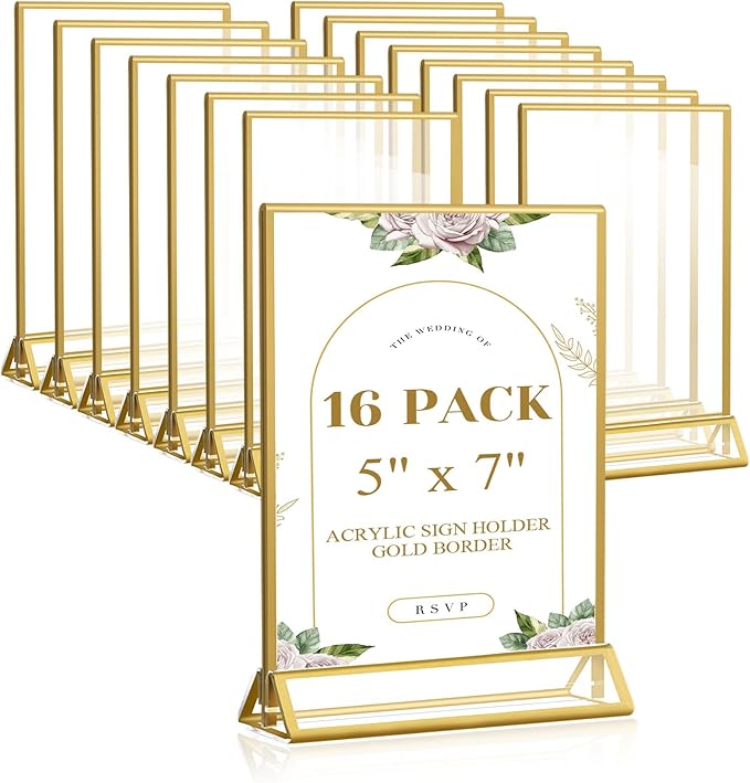 Smarpau Gold Acrylic Sign Holder 5x7, Double-Sided Display Stand, Clear Picture Frames/Flyer Holder/Menu Holder/Table Number for Wedding, Home, Offices(16Pcs)