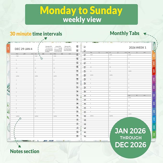 SUNEE 2026 Appointment Book, 2026 Hourly Planner 6.4"x8.3", Hourly, Weekly & Monthly Planner - from January 2026 - December 2026, Flexible Cover, Note Page, Pocket, Bookmark, Leaves