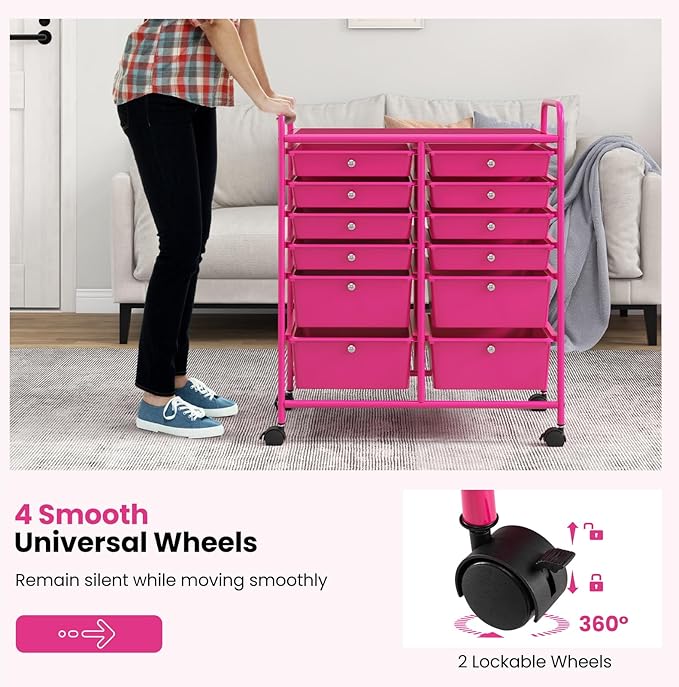 LDAILY 12 Drawer Rolling Storage Cart, Craft Cart Organizer on Wheels w/Metal Frame, Large Capacity & Smooth Drawer, Rolling Cart w/Drawers for Classroom, Office