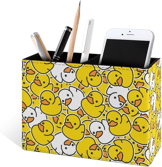 Famame Cartoon Cute Duck Childish Pencil Holder for Desk, Leather Desktop Container Pen Cup Storage Study Table Pen Organizer Makeup Brushes Holder for Office Home