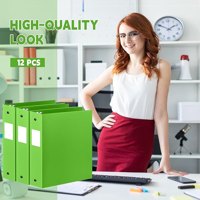 Henoyso 12 Pcs 3 Ring Binder 2 Inch Round Fits Letter Size 8.5'' x 11'' Paper Plastic Flexible Binder Bulk Holds 490 Sheets with 1 Pockets Versatile Organizer for Home Office School (Tender Green)