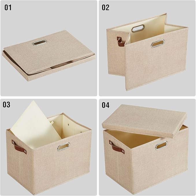 Roobyl 17" Large Collapsible Storage Bins with Lids, Stackable Closet Organizers with PU Handle and Labels, 3-Pack Decorative Fabric Storage Boxes for Home, Bedroom, Closet, Office, Nursery(Khaki)