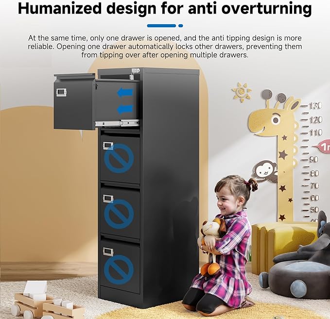 BYNSOE 4 Drawer File Cabinet with Lock Metal Vertical File Cabinet Office Home Vertical File Cabinet for A4 Legal/Letter Size Narrow File Cabinet Locked,Assembly Required (Black, 4 Drawers- Vertical)