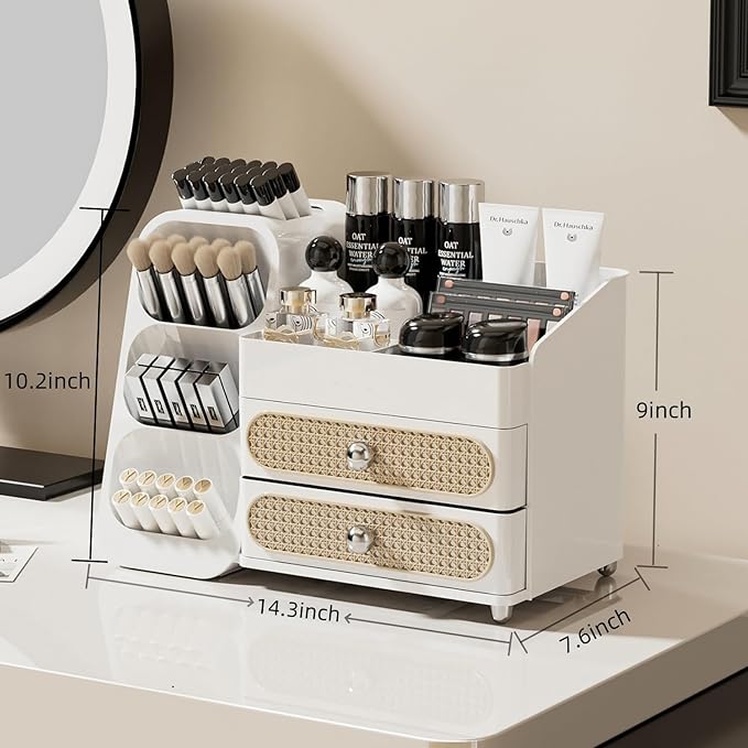 KQJS Makeup Organizer with Drawers,Large Capacity Countertop Organizer for Vanity,Bathroom and Bedroom Desk Cosmetics Organizer,Easy To Storage Skincare,Brushes,Lotions,Lipstick (All white)