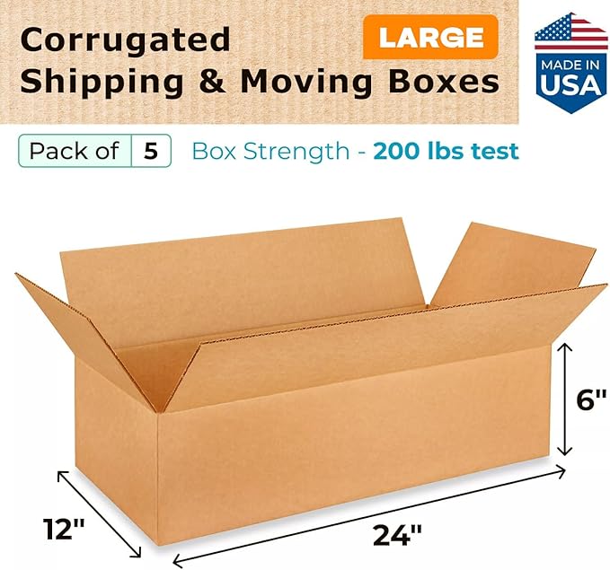 Large Shipping & Moving Boxes 24 x 12 x 6 inches (5-Pack) - Extra Strength 200 lb vs Regular - Corrugated Heavy Duty Moving Boxes - Strong Large Shipping Box - IDL Packagingby IDL Packaging