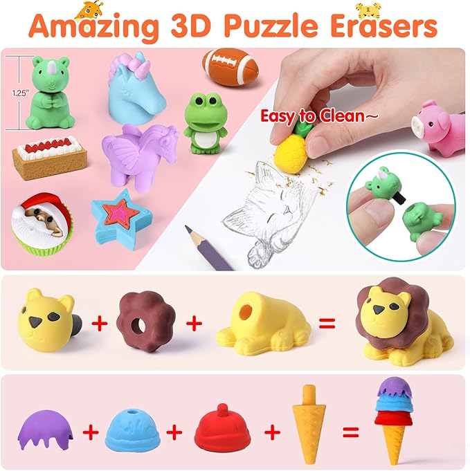 Moosia 90 Pack Animal Pencil Erasers for Kids, 3D Mini Puzzle Take Apart Erasers, Desk Pets & Treasure Box Toys, Bulk Party Favors, Classroom Prizes, School Supplies, Gift for Boys & Girls