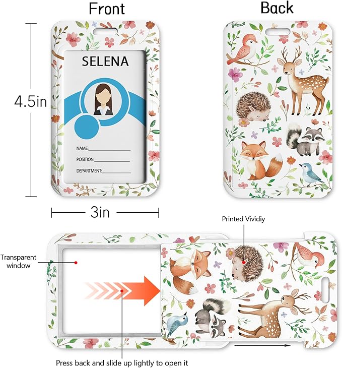 Fox Badge Holder Retractable Lanyard, Lanyards for ID Badges Name Tags Vertical Card Holder, Detachable Lanyard Badge Reel Retractable, Teacher Nurse Workers Women Office Gifts Cute Animal Flowers