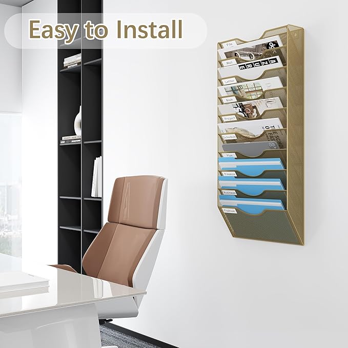 EasyPAG 10 Pocket Mesh Wall File Organizer, Hanging Paper Folder Holder with Classify Label, Vertical Wall Mount Mail Organizer for Office Home Classroom, Gold