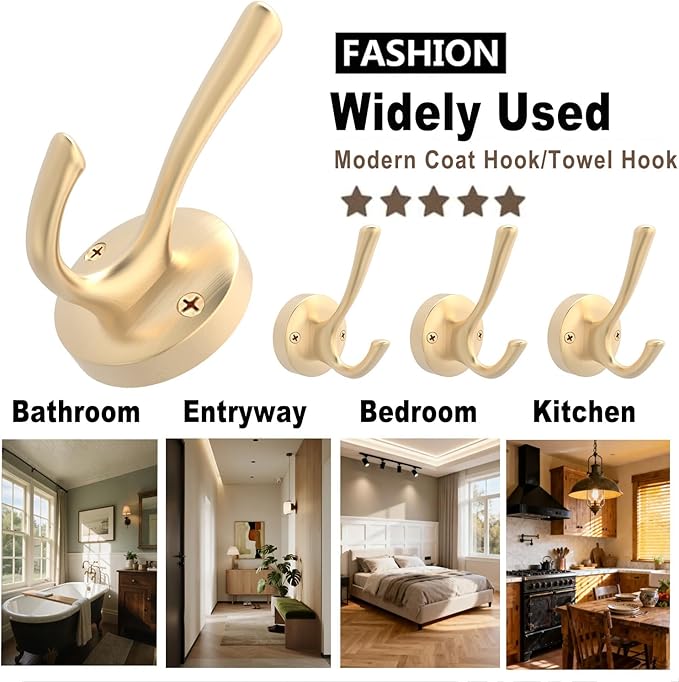 TOFIIGREM Gold Coat Hooks for Wall, 2 Pack Heavy Duty Towel Robe Hooks, Hats Hooks for Entryway Cubicle Closet Mudroom Bathroom Garage