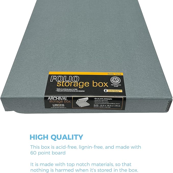 Lineco Folio Storage Box, Clamshell Design with Metal Edge. 13.5x19.5x1.75 Inches, Archival Boxboard, Preserve Photos, Cards, Magazines, Documents, Art, Ephemera, Family Records, Gray, Pack of 1