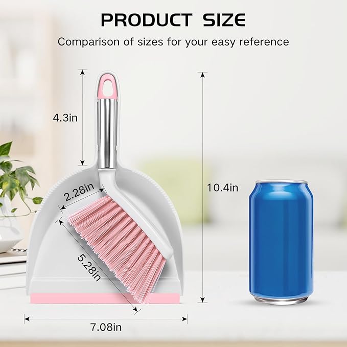 NACENA Mini Broom and Dustpan Set, Small Dust Pan and Brush Set with Handle Dustpan Teeth for Cleaning Hair Suitable for Office Desks Drawers Sofas Outdoor Camping, Pink