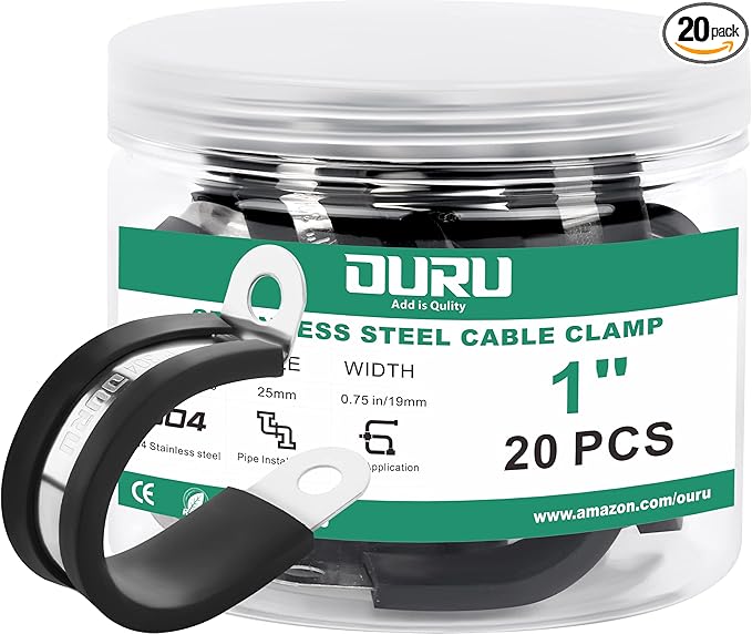 OURU 20pcs 1 Inch Stainless Steel Cable Clamps, Rubber Coated, Black