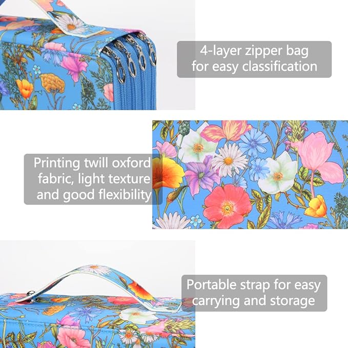 Vomgomfom Colored Pencil Case - 200 Slots Pencil Holder with Zipper Closure Twill Fabric Large Capacity Pencil Case for Watercolor Pens or Markers, Pencil Case Organizer for Artist (Blue Flower)