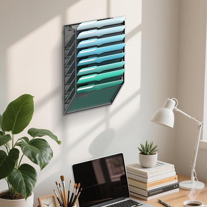 SUPEASY 8-Tier Wall File Organizer, Hanging Wall Files for Papers, Folders, Magazines, Wall Organizer for Clipboard, Assembly Needed, Black, 2 Pack