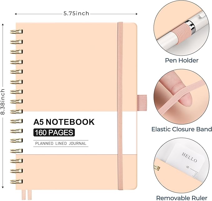 AHGXG Spiral Journal Notebook, 160 Lined Pages, A5 Medium Size (5.7'' x 8.3''), for Men & Women, Journaling, Writing, Work & Office, Hardcover, 100 GSM Thick Paper (Pink)