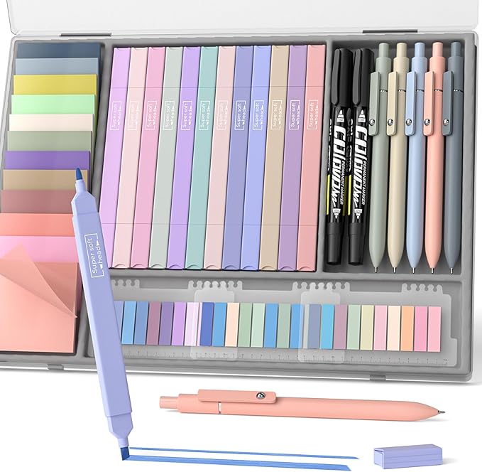 Nicpro 62 PCS Aesthetic Book Annotation Kit with Case, Book Annotation Supplies with No Bleed Highlighters, Pens, Markers and 1200PCS Transparent Sticky Notes, Index Tabs for Bible Study Supplies