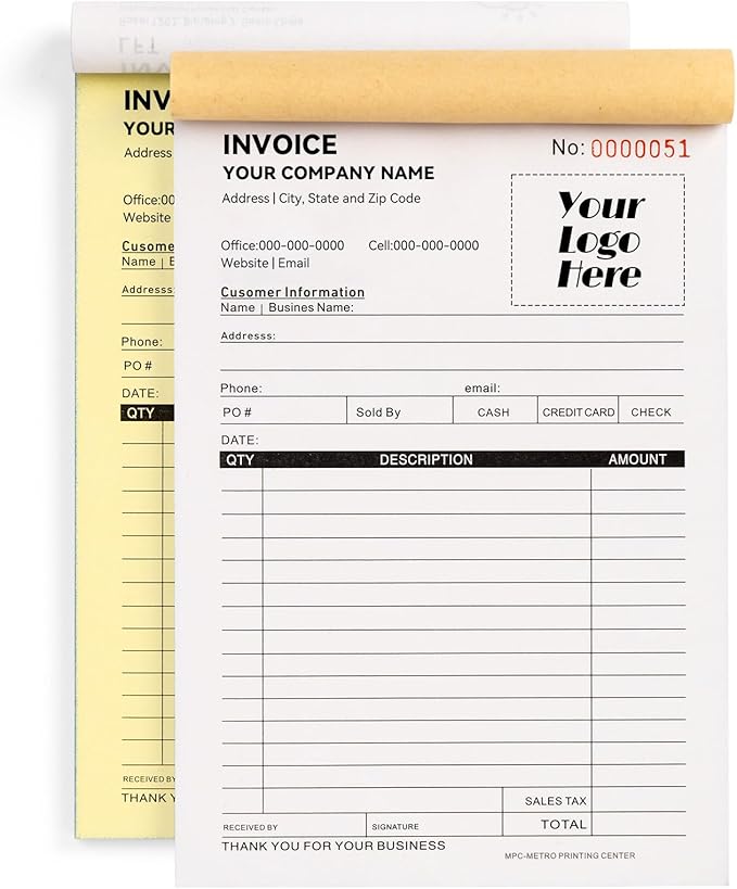 100 Sets Custom 5.7" X 8.5" Invoice Receipt Book, Personalized Duplicate Carbonless Form with Logo/Text, Paper 2-Part/3-Part in Bulk Purchase Orders, Sales Orders, Price Forms (3-Part)