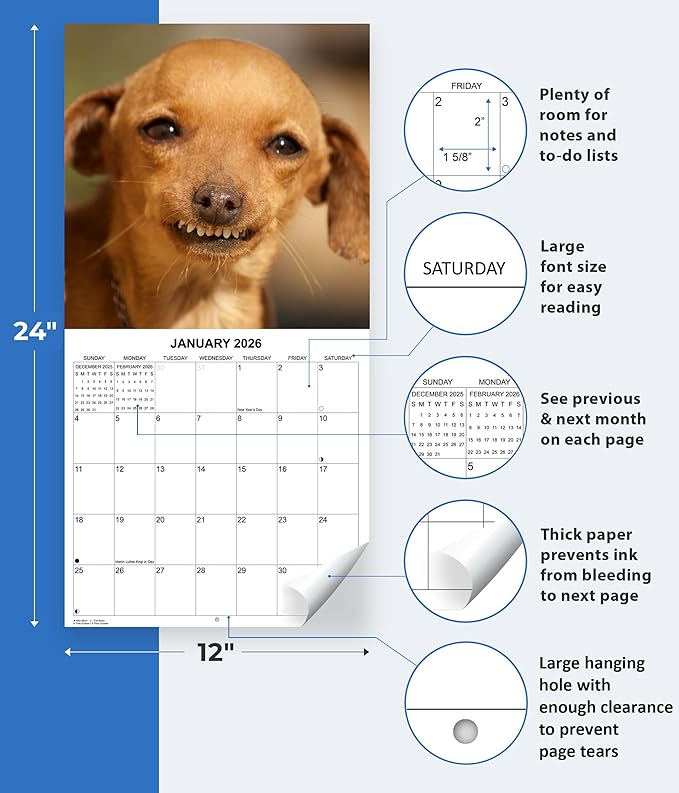 2026 Ugly Dogs Monthly Wall Calendar | Funny White Elephant Gift Gag Gift Calendar September 2025 - December 2026