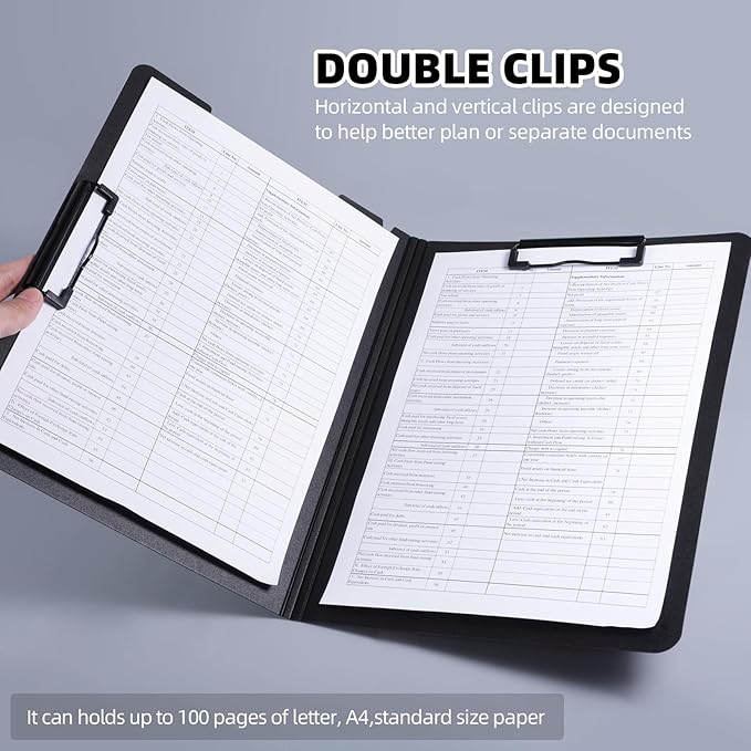 FRETONBA Clipboard Folder, A4 Foldable Clipboard with Horizontal and Vertical Double Metal Clips, 360 Degree Foldable Binder Clipboards with Pen Holder, File Cover Work Folder Clipboards, Black