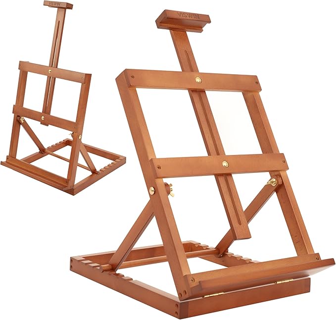 VISWIN Heavy-Duty Table Top Easel for Painting, Adjustable Beech Wood Tabletop Easel, Hold Canvas up to 23”, Portable Art Desktop Easel Stand for Adults, Artists, Beginners – Walnut