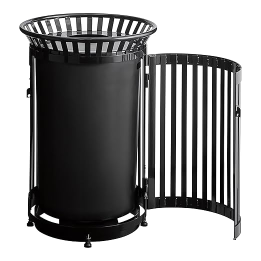 Zedfire 45 Gallon Black Waste Bin with Flat Lid & Door, Outdoor Heavy-Duty Commercial Trash Can Steel Slatted, Round Recycle Container, Durable Garbage Can for Parks, Municipalities, Parking, Schools