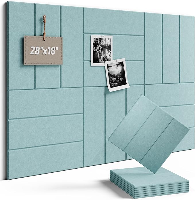 Fluxynara Felt Bulletin Board Tiles -28"x18" with 40 Adhesive Tabs, Cork Board Alternative for Office Decor, Push Pin Board Wall Organizer 6-Pack (Seafoam Blue)