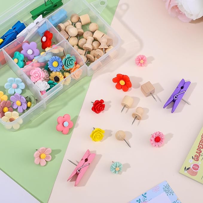 78 Pieces Push Pins Set Cute Thumb Tacks Decorative Flower Push Pins for Wall Cork Board Bulletin Boards with Storage Box