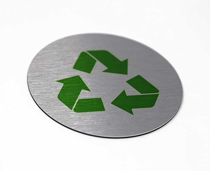 Metal Recycle Signs | Recycle Bin Marker | Metal Sign for Recycling Basket | 3" Round, Brushed Silver Aluminum with Green Recycle Symbol | Made in the USA
