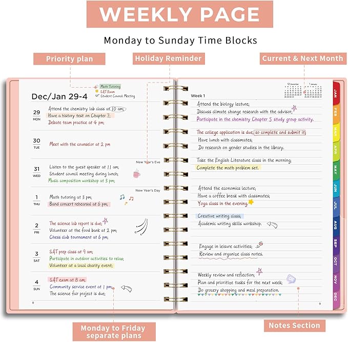EMSHOI 2026 Planner Weekly and Monthly, Week on One Page with Notes, A5 (5.7"x8.3"), Jan-Dec 2026 Calendar Agenda with Monthly Tabs, Note Pages, 100GSM Thick Paper, Flexible Cover, Pink