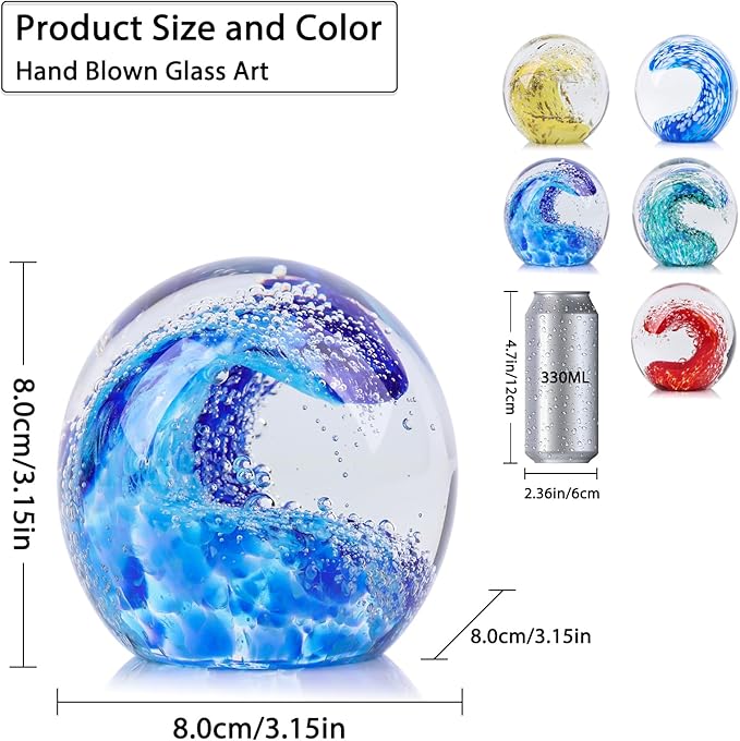 LCCCK Hand Blown Glass Ocean Waves Glass Ball Beach Office Decor, Blue Glass Paperweight Ideal Beach Decorations for Home, Suitability Seaside Villa Aquarium Ocean Lover's Gift