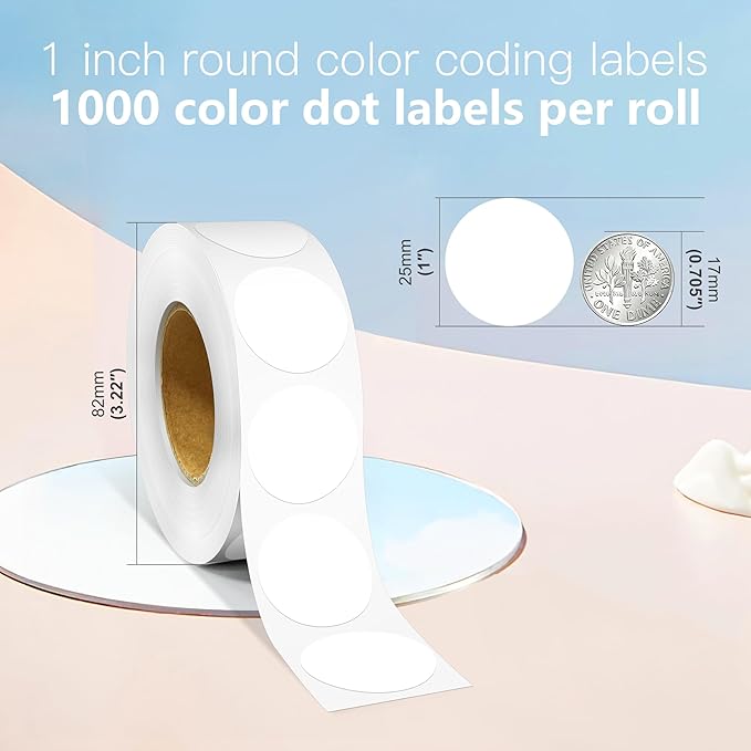 1 Inch Round Color Coding Labels, 1000 PCS Per Roll White Color Coded Dot Stickers, Round Color Dot Labels for Organizing, Filing, and Storage
