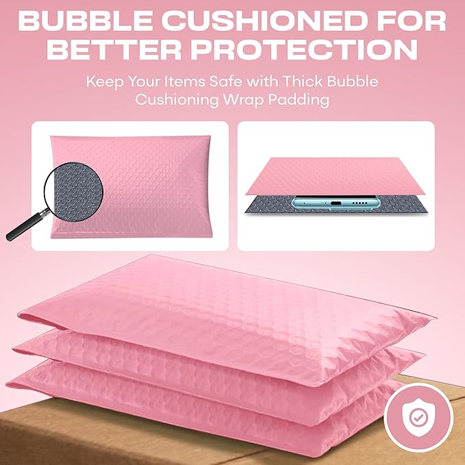 Light Pink Large Poly Bubble Mailers 9.5x14.5 inch #4 | Self Seal Padded Envelopes Cushioned Bubble Mailer | Usable Size 9.5x13.5 | WaterProof | Lightweight mailing Shipping Bags | 200 Pack Bulk