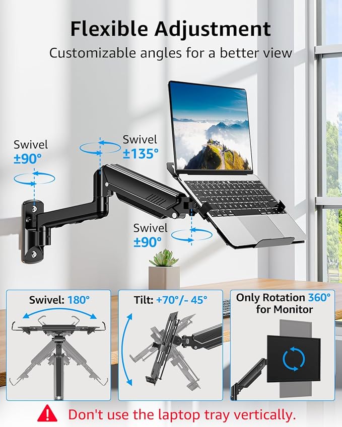 MOUNTUP Laptop Wall Mount, Adjustable Laptop Mount for Max 17" Notebook or Max 32" Monitor, Wall Mount Laptop Holder Holds 4.4-22lbs, 2-in-1 Laptop Arm with Ventilated Tray