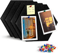 Uoisaiko 12" Large Bulletin Board with 15 Push Pins, Pack of 4 Hexagon Felt Pin Board Notice Boards for Home Office, Felt Wall Tiles for Photos Memos (Black)
