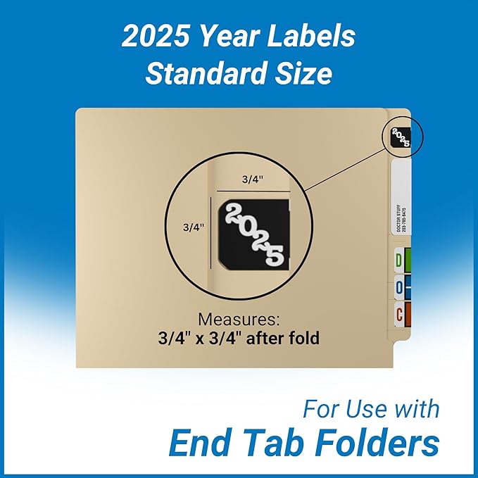 2025 Year Labels, Doctor Stuff 2025 Chart Stickers, Black/White Color Coded, Jeter Style, USA Made Year Labels for End Tab File Folders, 500/Roll, 1 Roll, 3/4" x 1-1/2"