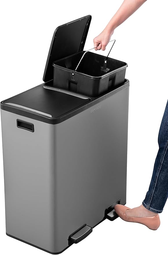 The Step N' Sort 18.5 Gallon Extra Large Capacity, Soft-Step, Dual Trash and Recycling Bin with Removable Inner Bins, Grey
