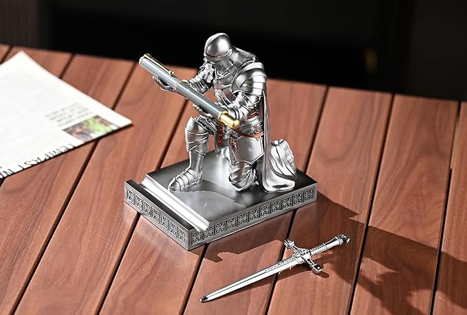 Amoysanli Medieval Armored Warrior Wearing Outerwear, Mobile Phone Stand Knight Pen Holder Desk Organizers, Resin Bookends Paperweight with a Letter Opener for Desk (Silver)