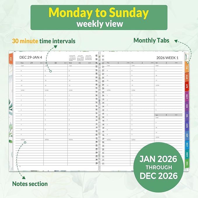 SUNEE 2026 Appointment Book, 2026 Hourly Planner 8.5" x 11", Hourly, Weekly & Monthly Planner - from January 2026 - December 2026, Flexible Cover, Note Page, Pocket, Bookmark, Leaves