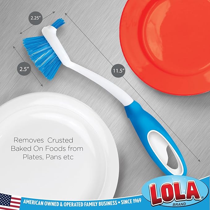 Dish Brush Kitchen Scrubber, by LOLA, Has Stiff Bristles & Food Scraper, Comfort No-Slip Grip Handle, Safe for Non-Stick & Coated Cookware, 1 Pack