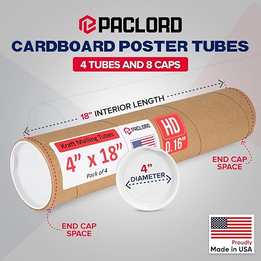 Paclord 4" x 18" Heavy-Duty Reinforced Cardboard Mailing Tube, Pack of 4 Tubes with 8 Caps – Secure USPS Approved – Great for Shipping and Storing of Prints, Artwork, Posters or Documents