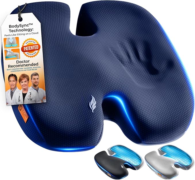 TOP COMFORT Seat Cushion, BodySync™ Technology with Non-Slip Gel & Memory Foam for Tailbone, Sciatica & Back Pain Relief, Office Chair Cushion, Car Seat Cushions for Driving (Dark Grey Blue)